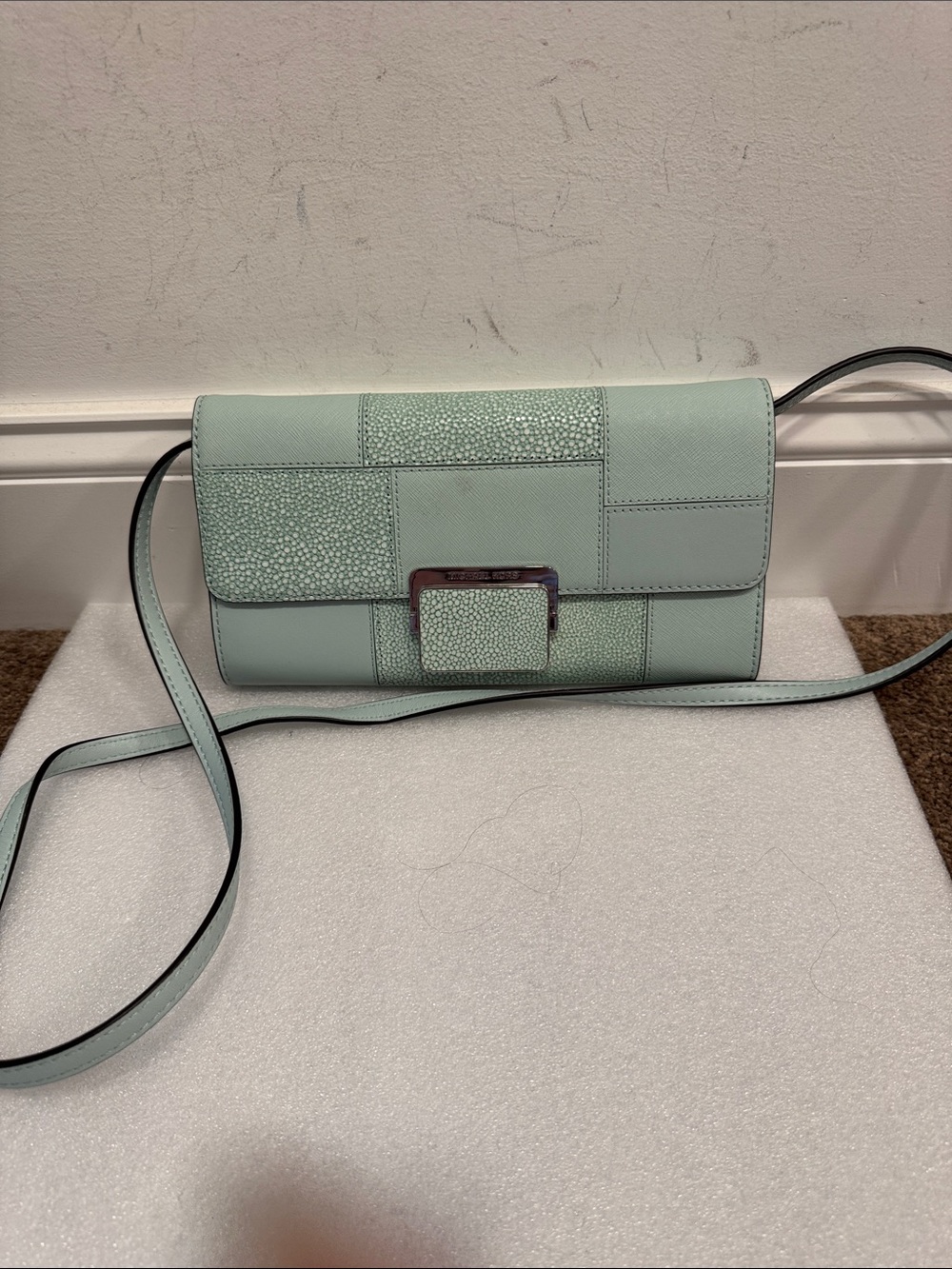 Michael kors Cynthia embossed textured mint green crossbody bag clutch